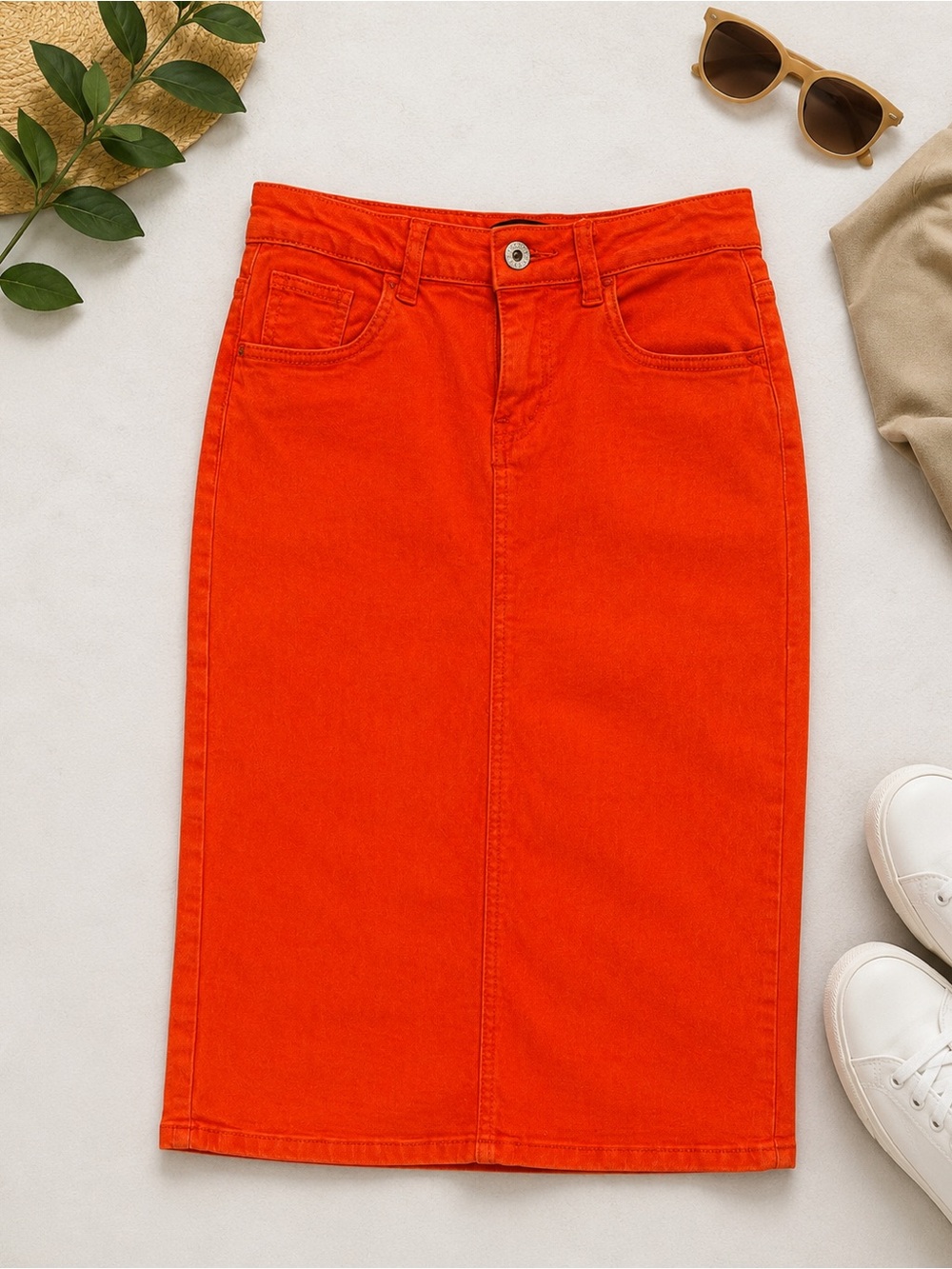 High‑Rise Orange Midi Pencil Skirt